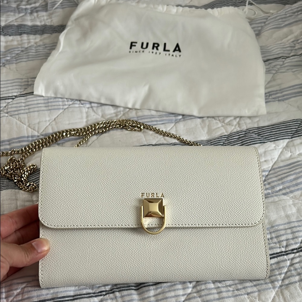 Furla Cream Leather Clutch with Gold Chain Brand New!!